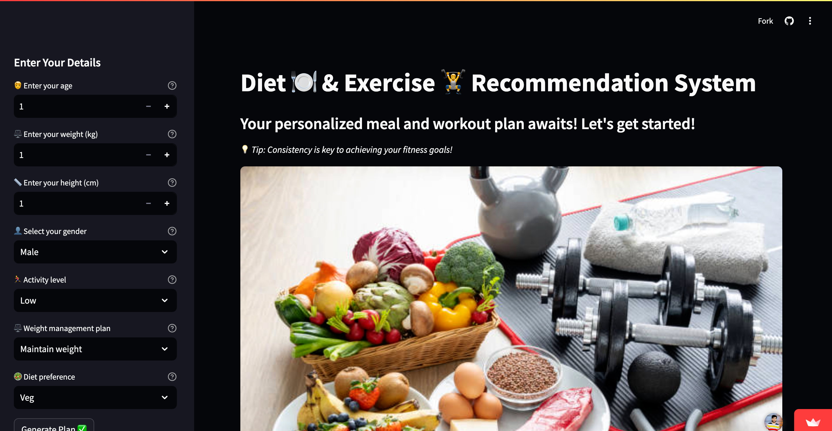 Screenshot of Diet and Workout Recommendation System